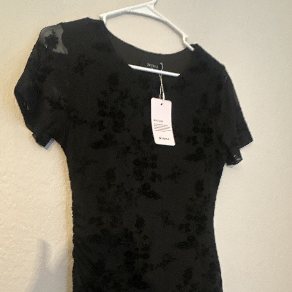 Black Floral Mesh Sheer Bodycon Midi Round Neck Short Sleeve M Velvet flowers
